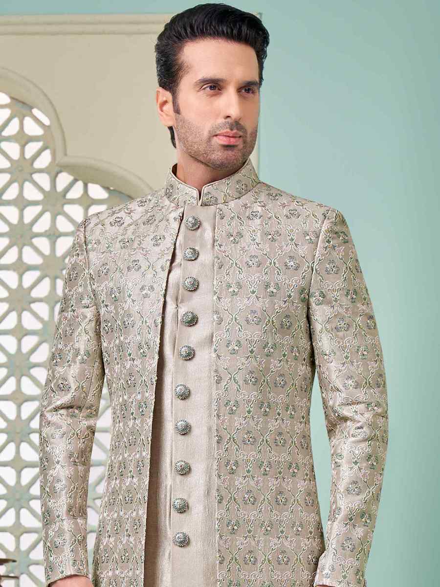 Grey Art Banarasi Silk Embroidered Festival Wedding Sherwani