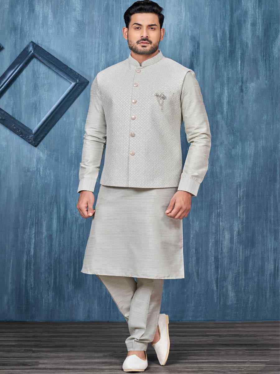 Grey Art Banarasi Silk Woven Festival Wedding Kurta