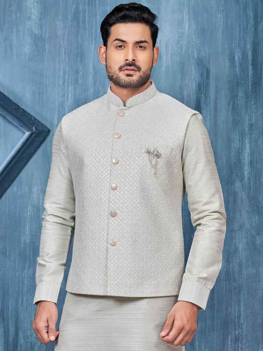 Grey Art Banarasi Silk Woven Festival Wedding Kurta