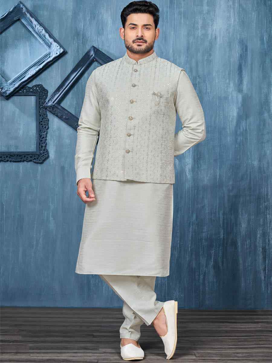 Grey Art Banarasi Silk Woven Festival Wedding Kurta