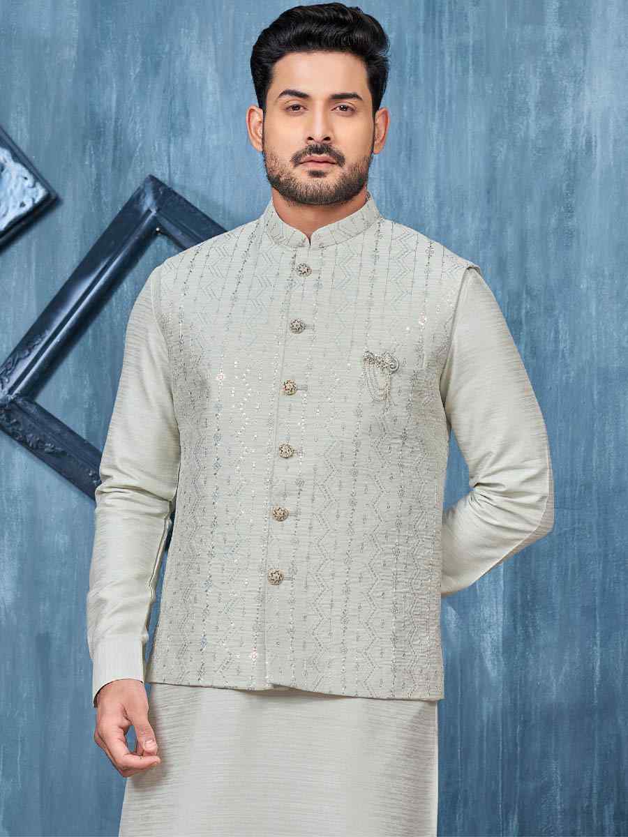 Grey Art Banarasi Silk Woven Festival Wedding Kurta