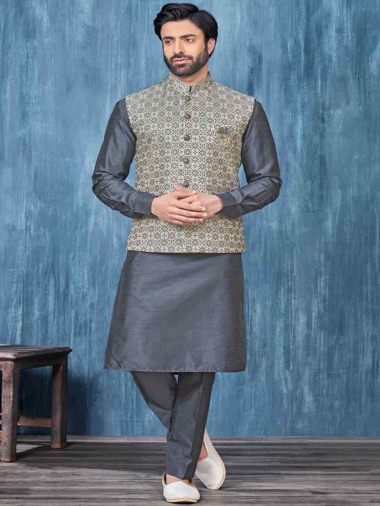 Grey Art Banarasi Silk Woven Festival Wedding Kurta