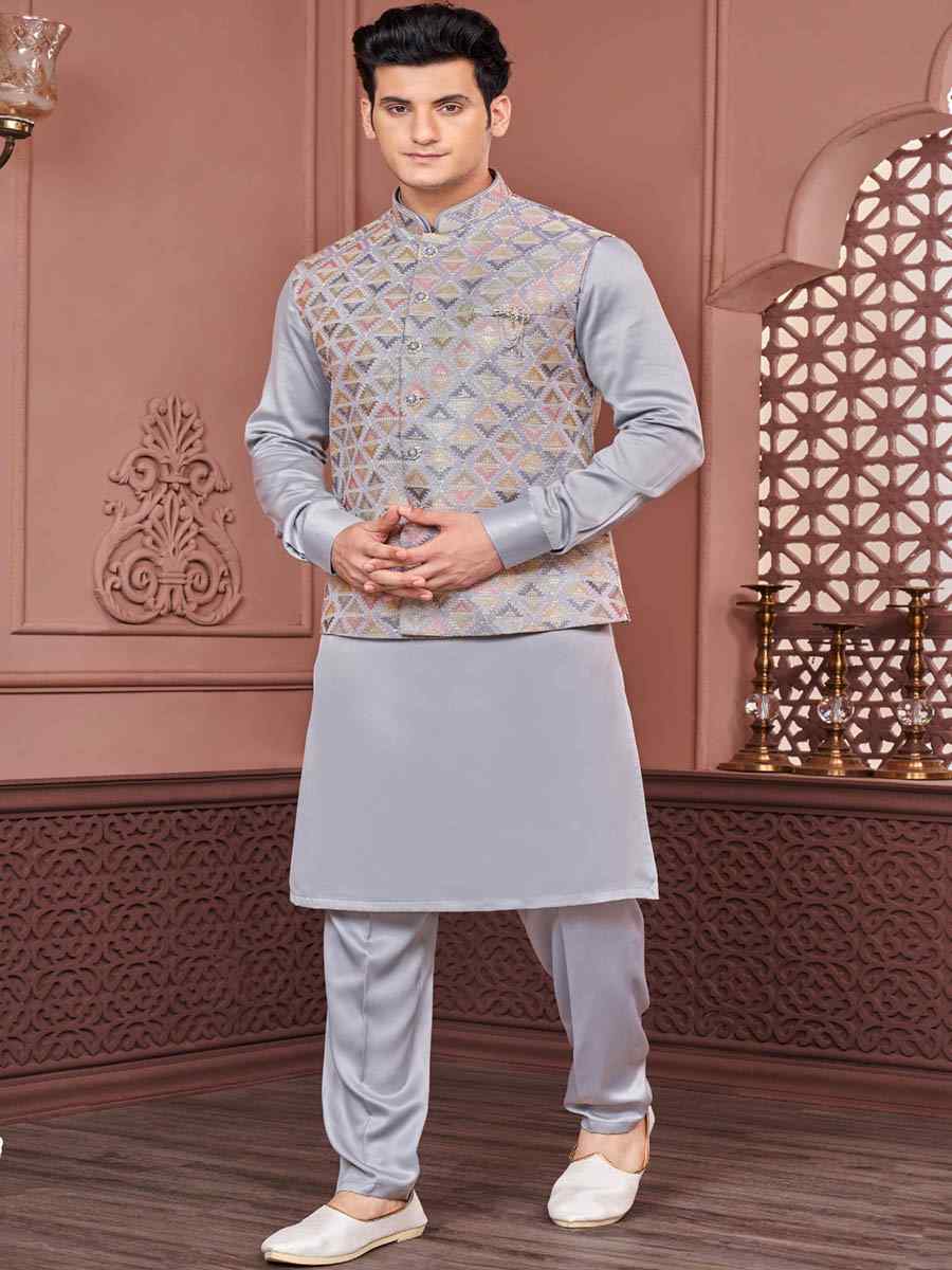 Grey Art Banarasi Silk Woven Festival Wedding Kurta