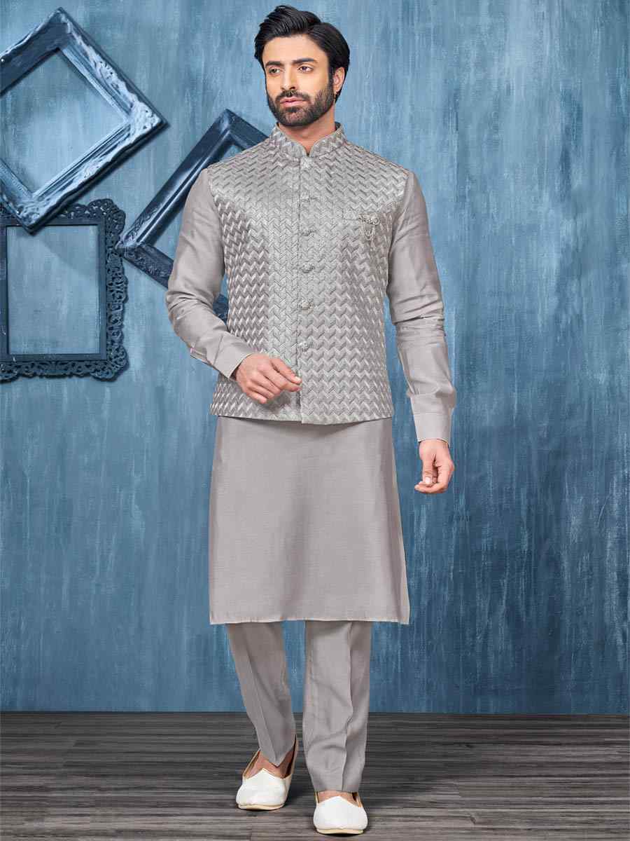 Grey Art Banarasi Silk Woven Festival Wedding Kurta