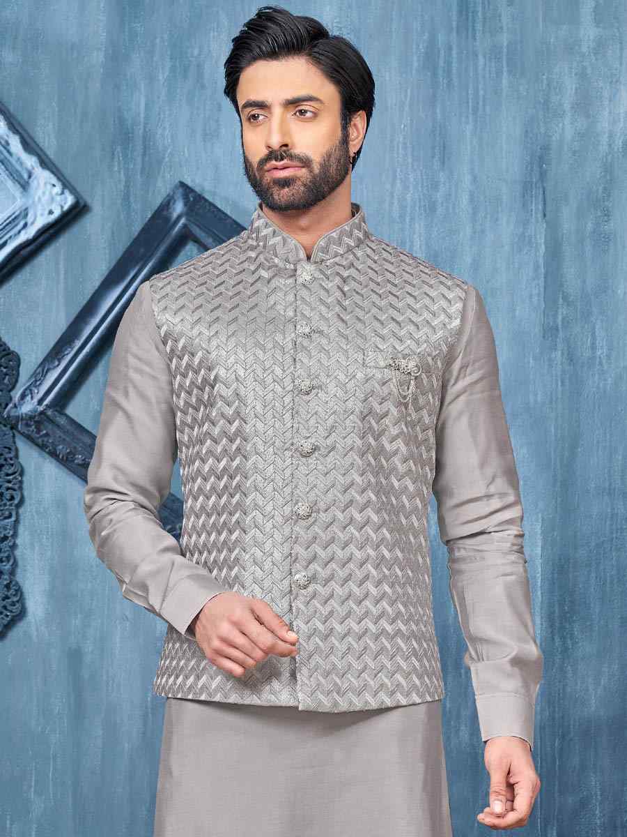Grey Art Banarasi Silk Woven Festival Wedding Kurta