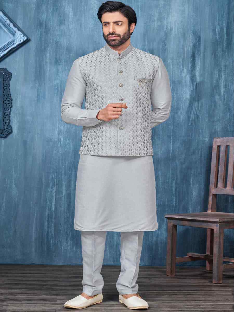 Grey Art Banarasi Silk Woven Festival Wedding Kurta