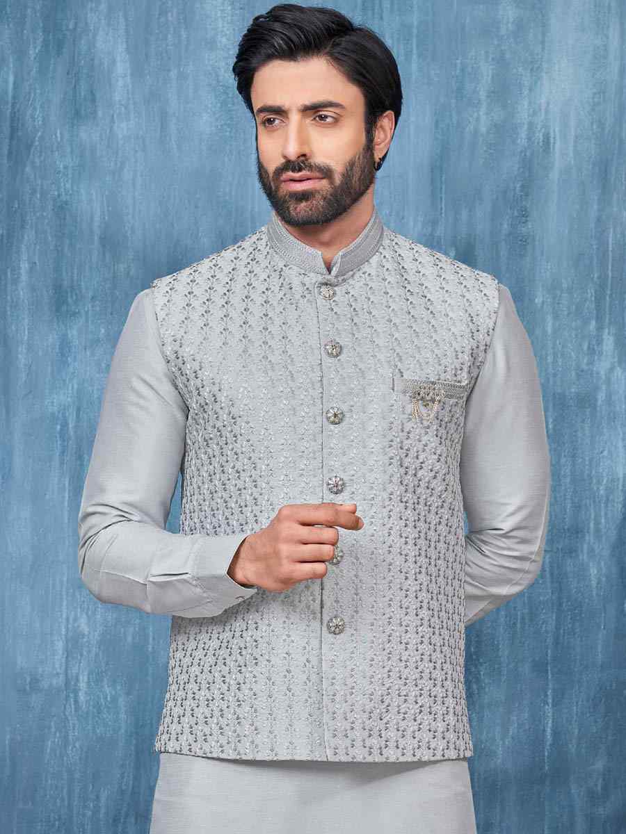 Grey Art Banarasi Silk Woven Festival Wedding Kurta