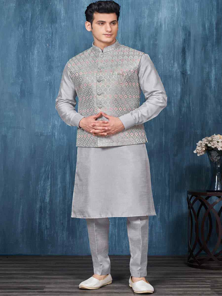 Grey Art Banarasi Silk Woven Festival Wedding Kurta