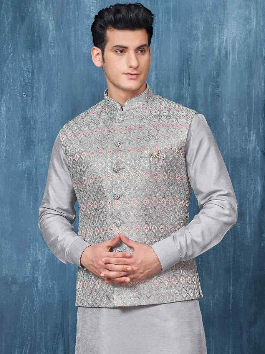Grey Art Banarasi Silk Woven Festival Wedding Kurta