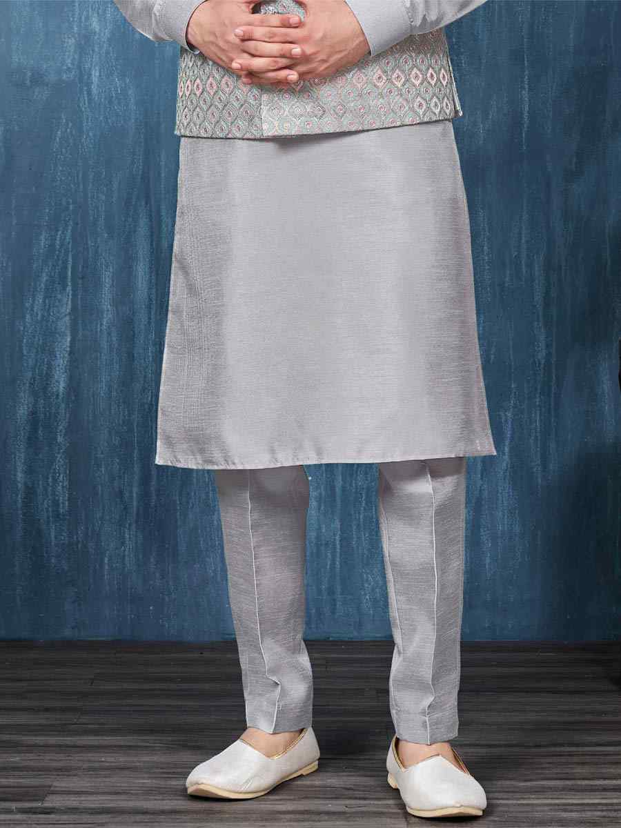 Grey Art Banarasi Silk Woven Festival Wedding Kurta
