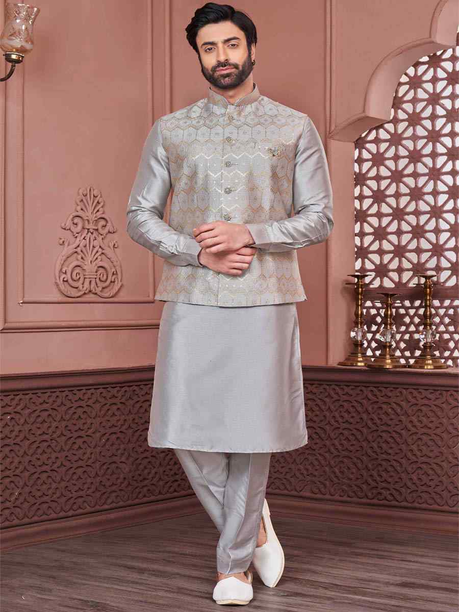 Grey Art Banarasi Silk Woven Festival Wedding Kurta