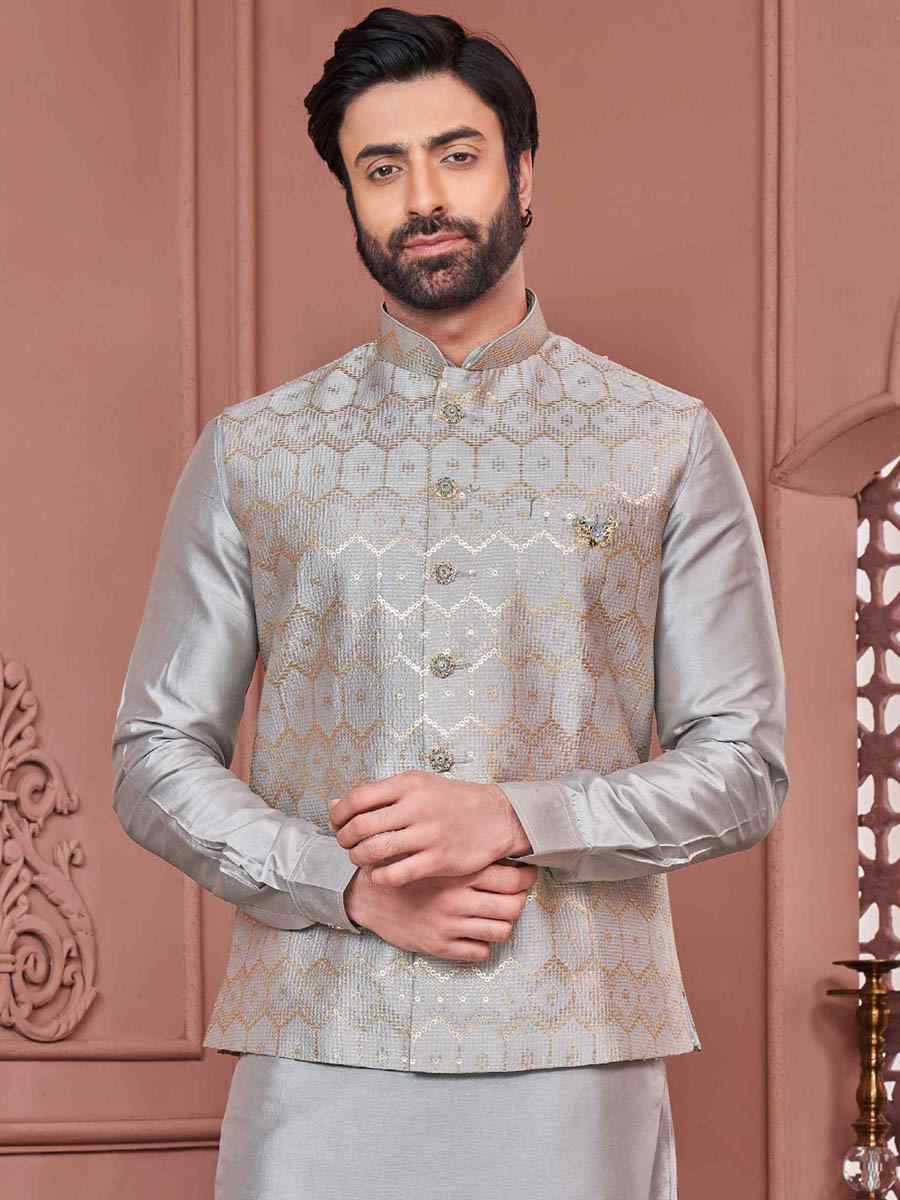 Grey Art Banarasi Silk Woven Festival Wedding Kurta
