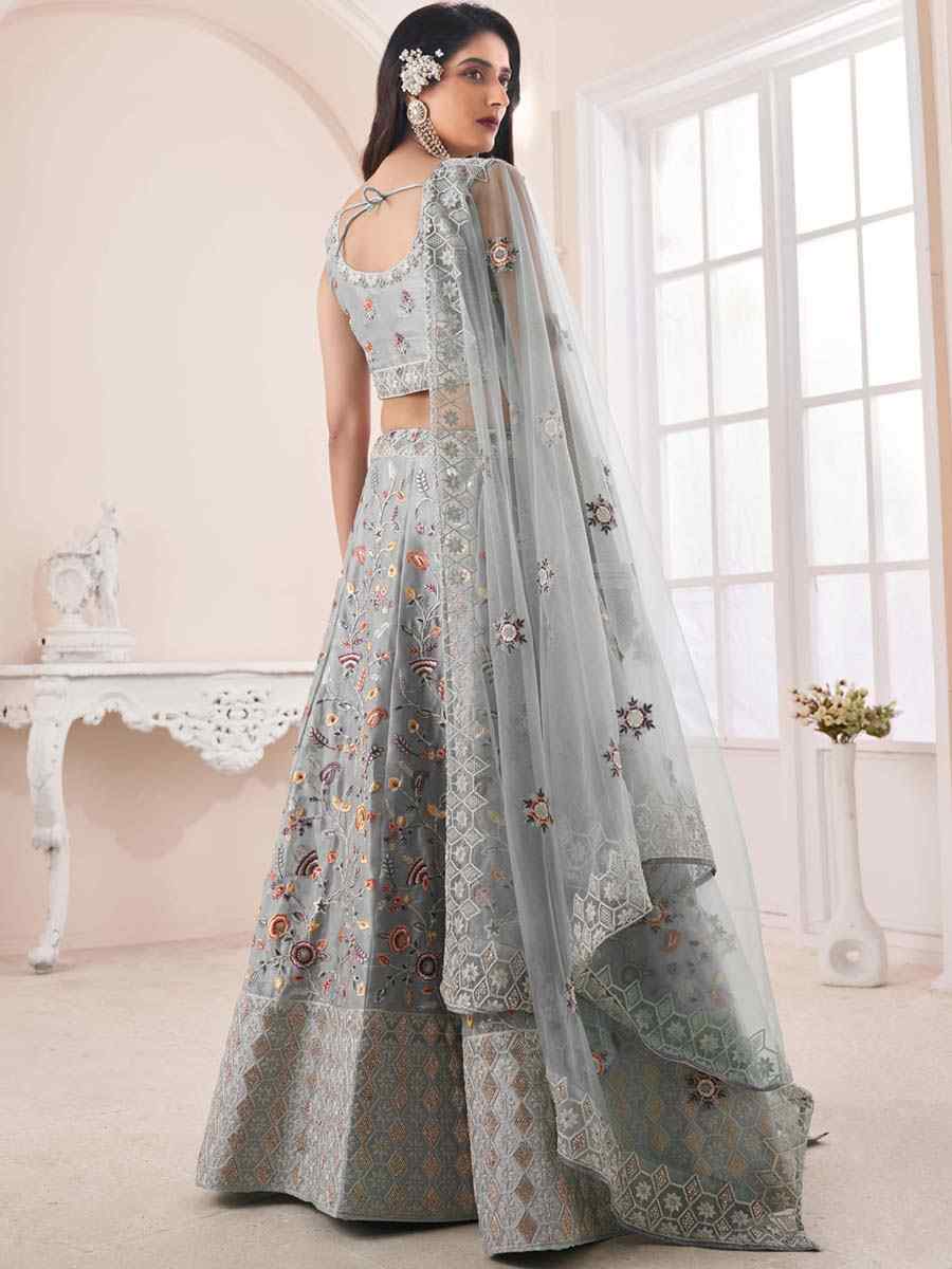 Grey Art Silk Embroidered Bridal Reception Heavy Border Lehenga Choli