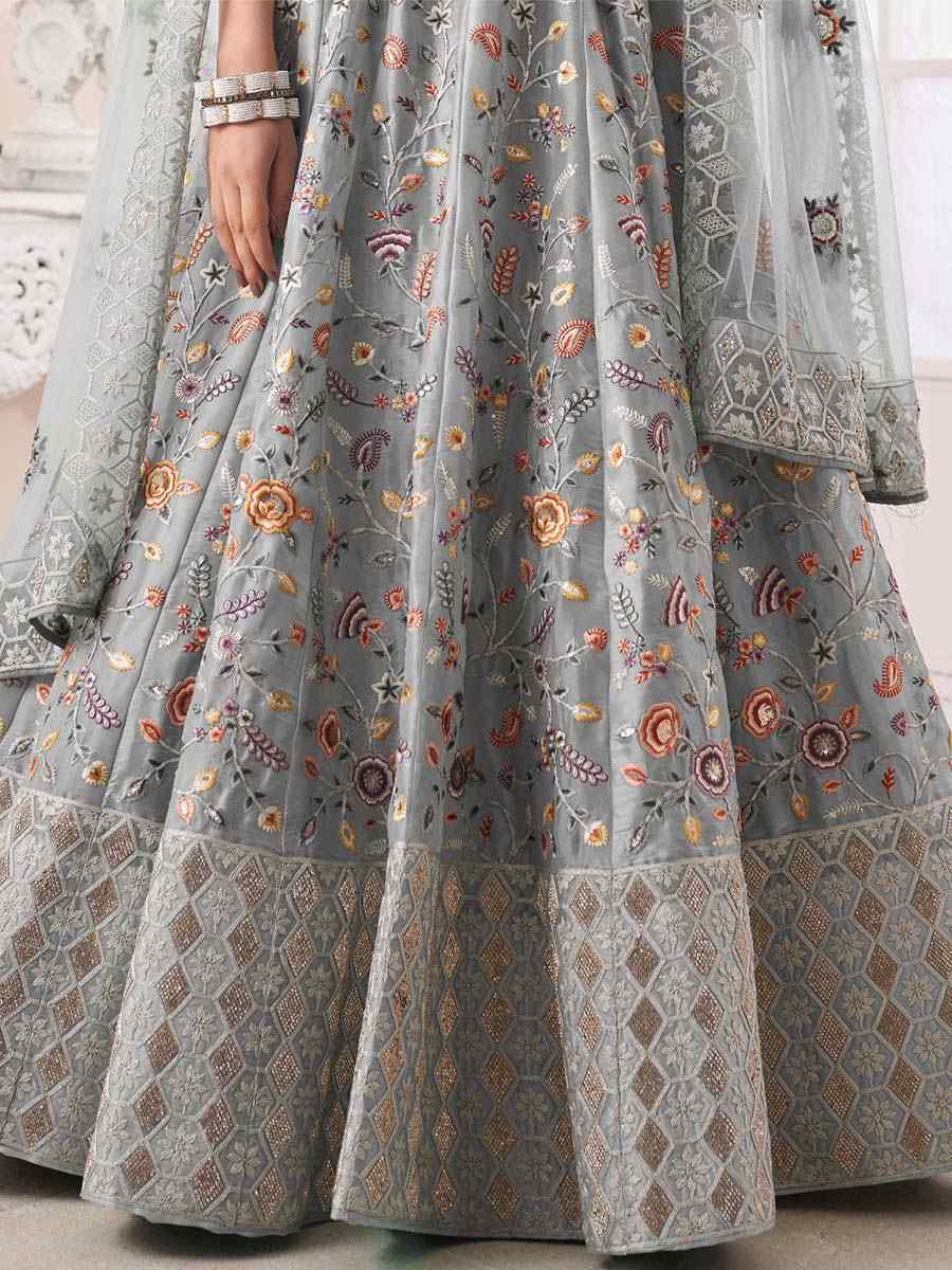 Grey Art Silk Embroidered Bridal Reception Heavy Border Lehenga Choli