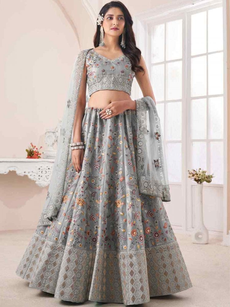 Grey Art Silk Embroidered Bridal Reception Heavy Border Lehenga Choli