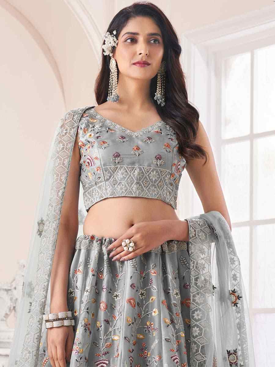 Grey Art Silk Embroidered Bridal Reception Heavy Border Lehenga Choli