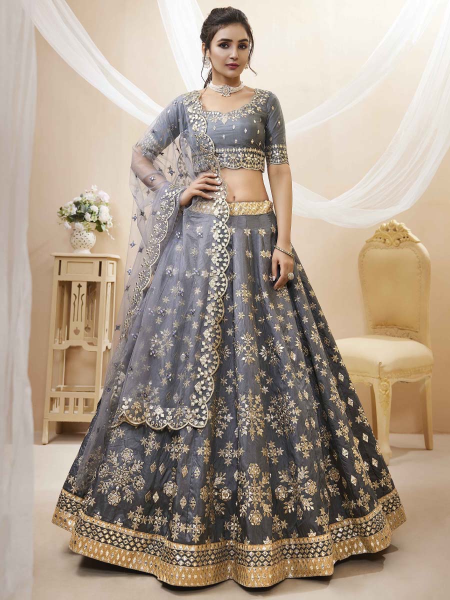 Grey Art Silk Embroidered Bridesmaid Wedding Heavy Border Lehenga Choli