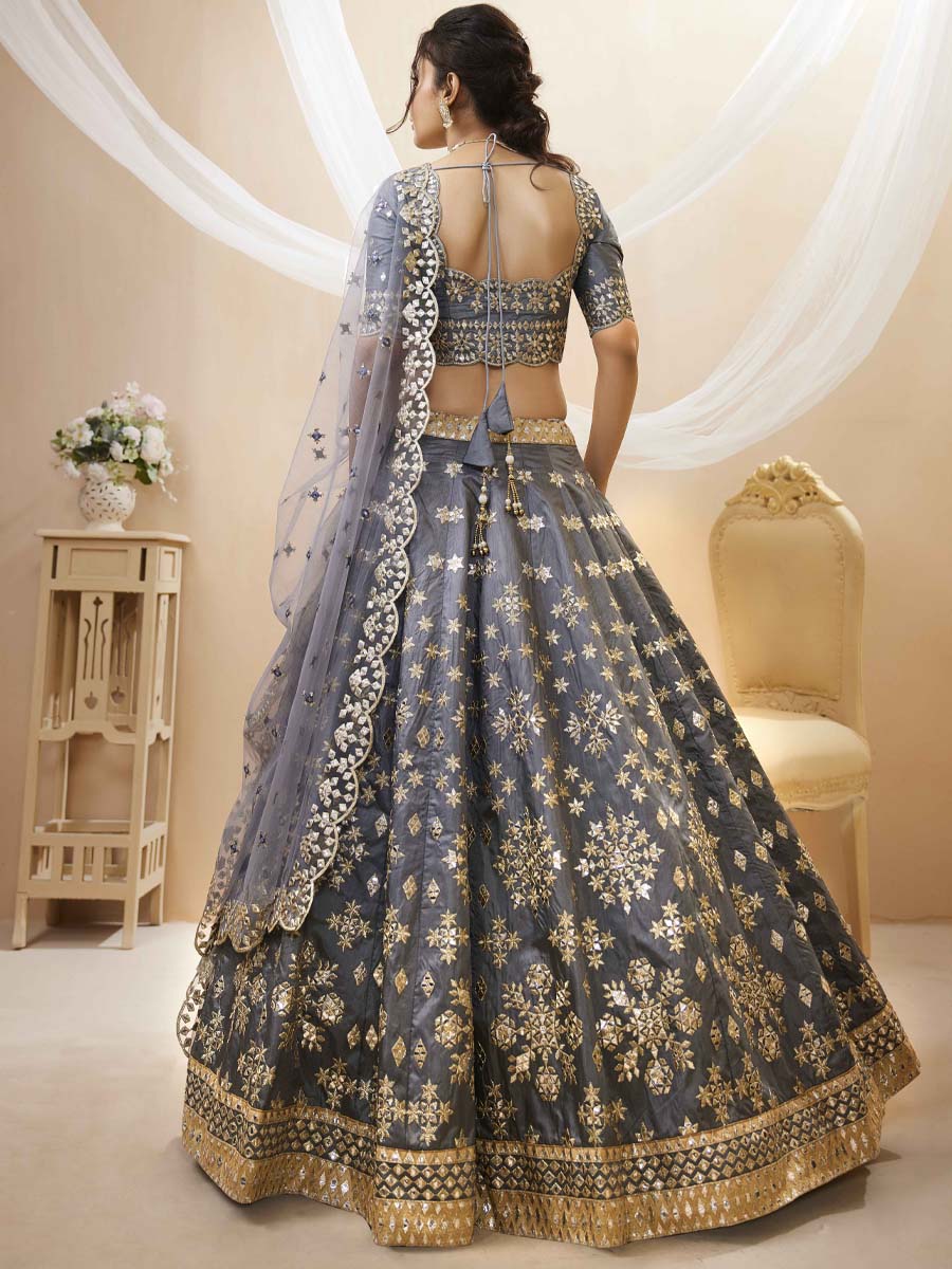 Grey Art Silk Embroidered Bridesmaid Wedding Heavy Border Lehenga Choli