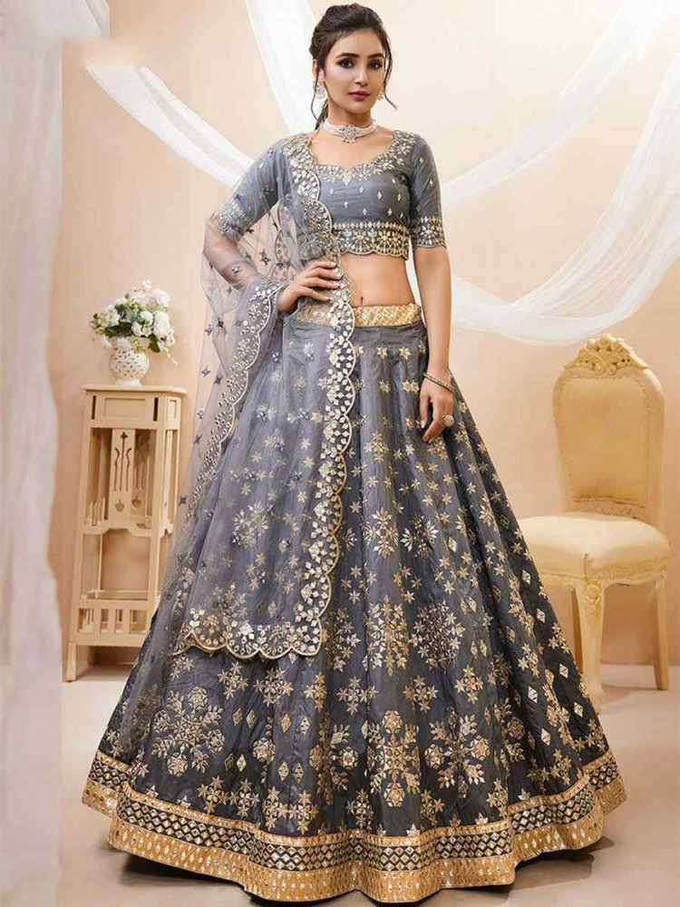 Grey Art Silk Embroidered Bridesmaid Wedding Heavy Border Lehenga Choli