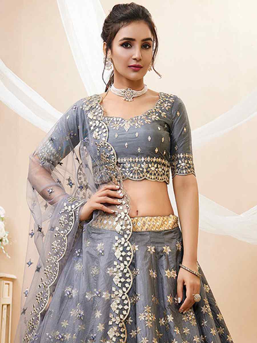 Grey Art Silk Embroidered Bridesmaid Wedding Heavy Border Lehenga Choli