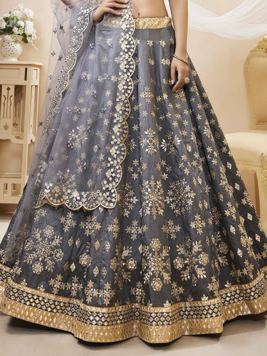 Grey Art Silk Embroidered Bridesmaid Wedding Heavy Border Lehenga Choli