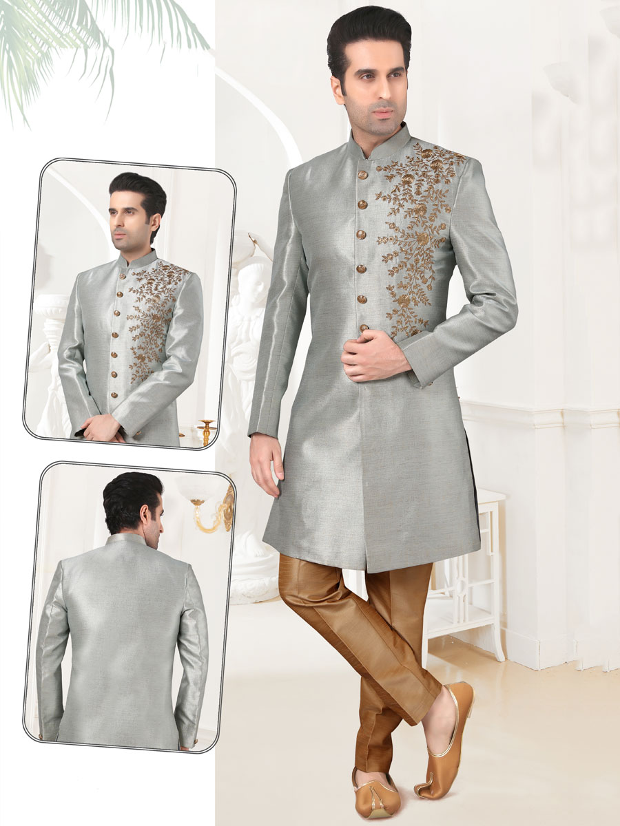 Grey Art Silk Embroidered Festival Sherwani