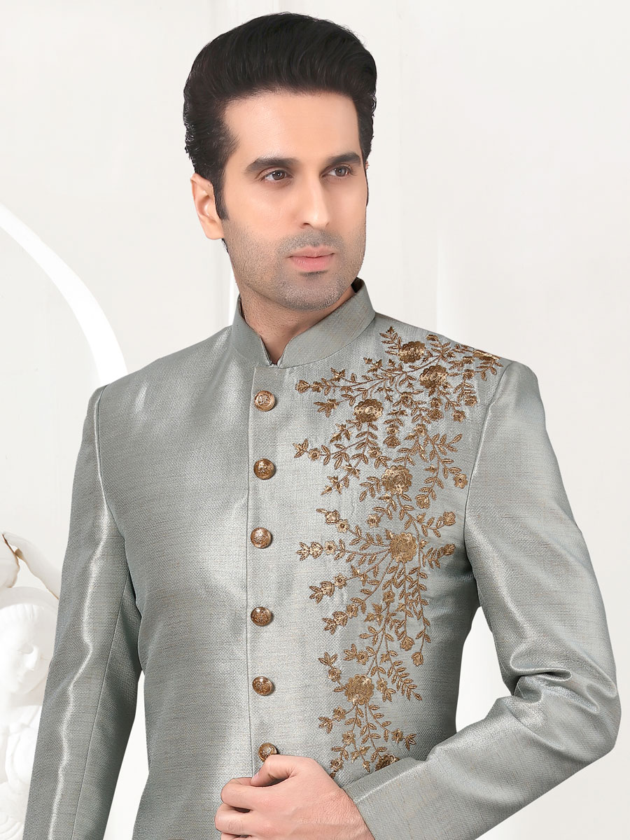 Grey Art Silk Embroidered Festival Sherwani