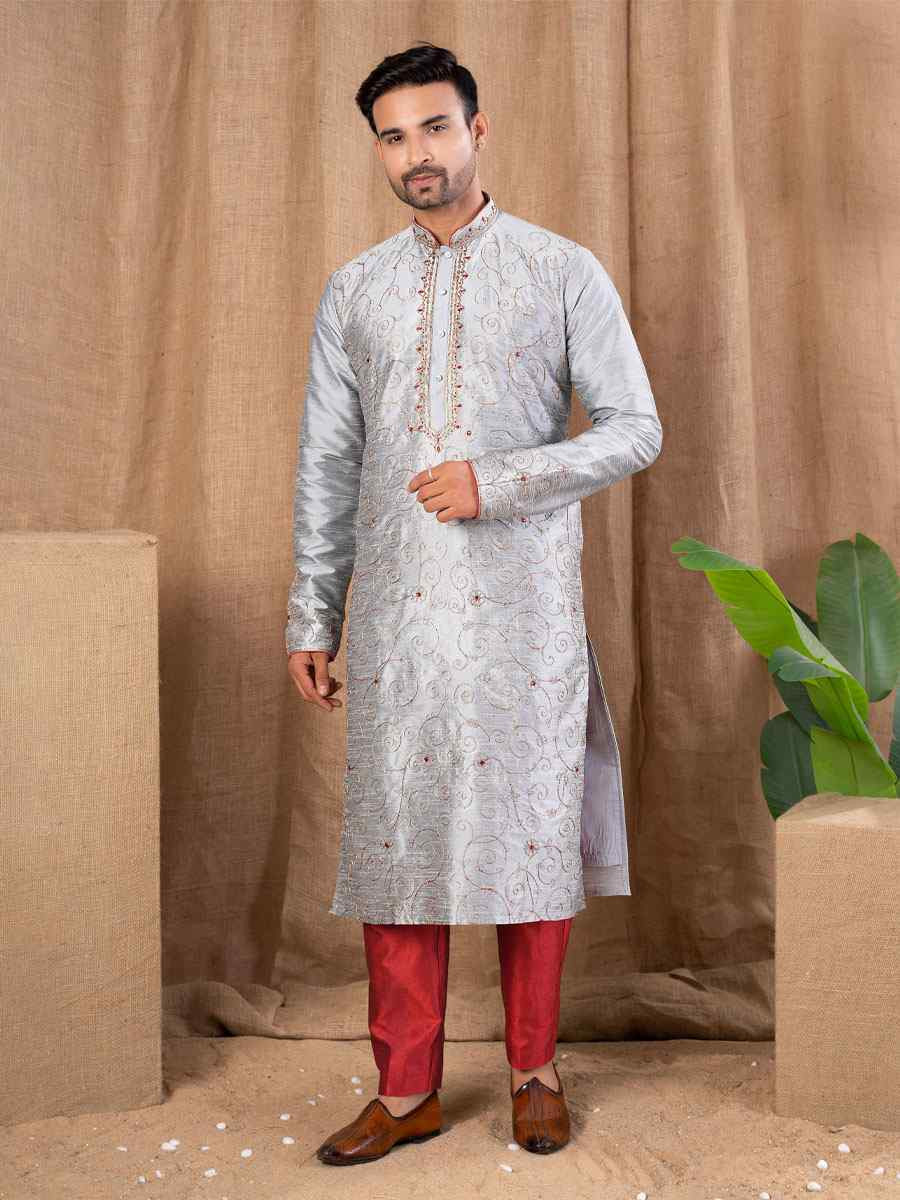 Grey Art Silk Embroidery Festival Wedding Party Mens Kurta