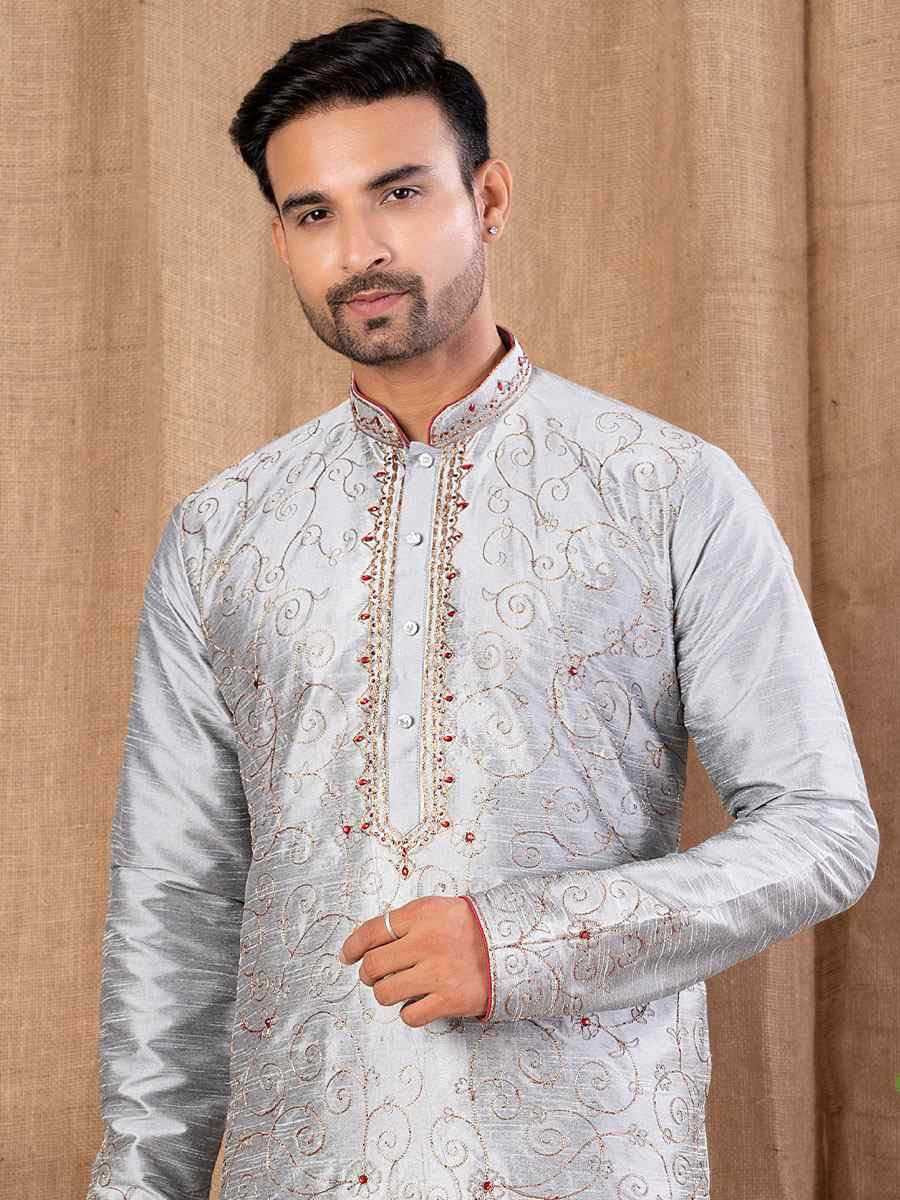 Grey Art Silk Embroidery Festival Wedding Party Mens Kurta