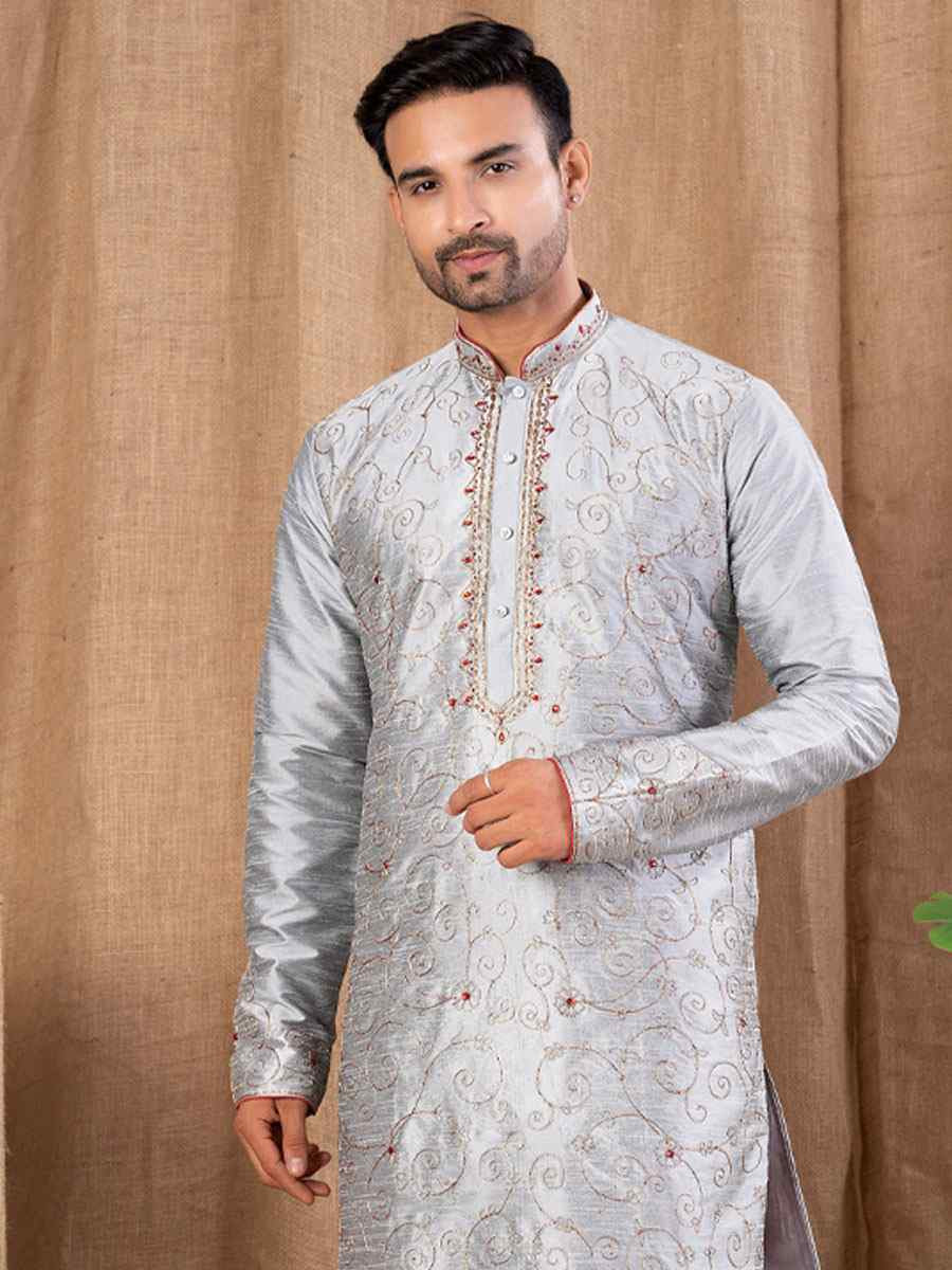 Grey Art Silk Embroidery Festival Wedding Party Mens Kurta