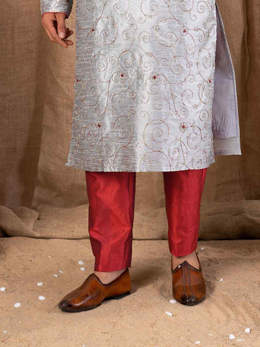 Grey Art Silk Embroidery Festival Wedding Party Mens Kurta