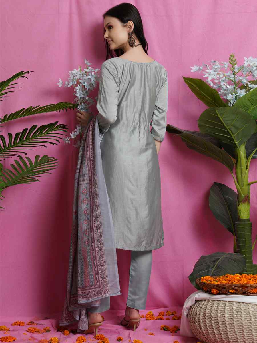 Grey Art Silk Printed Festival Party Pant Salwar Kameez