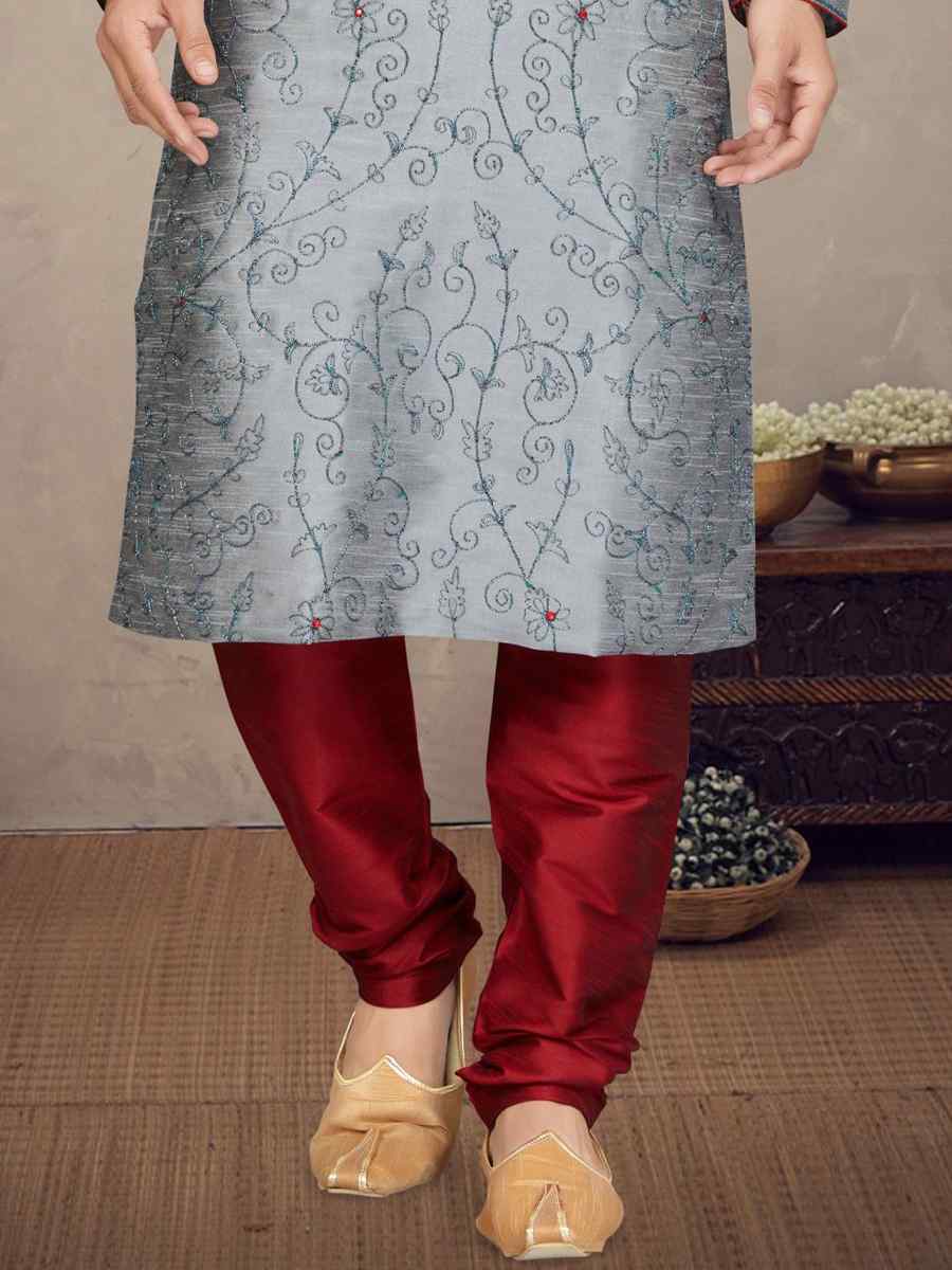 Grey Art Silk Woven Festival Mehendi Kurta