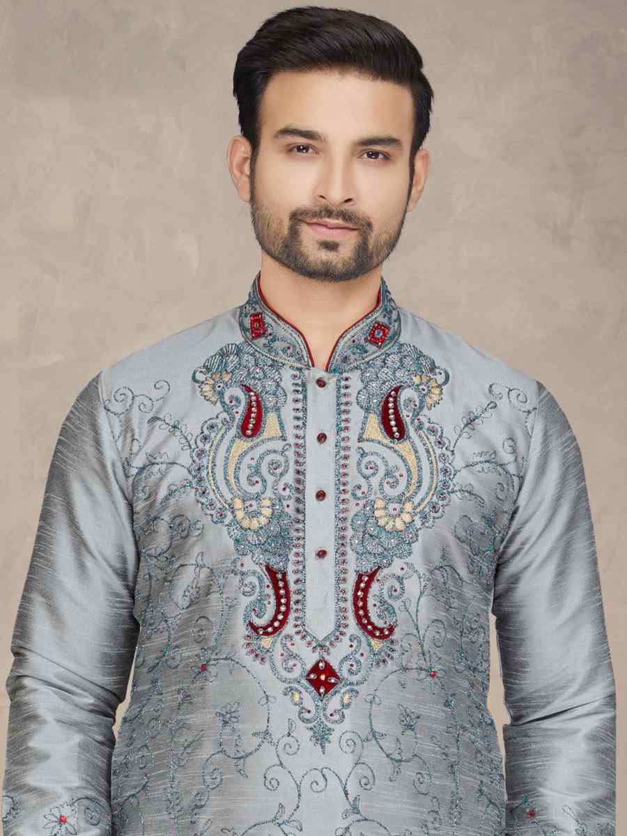 Grey Art Silk Woven Festival Mehendi Kurta