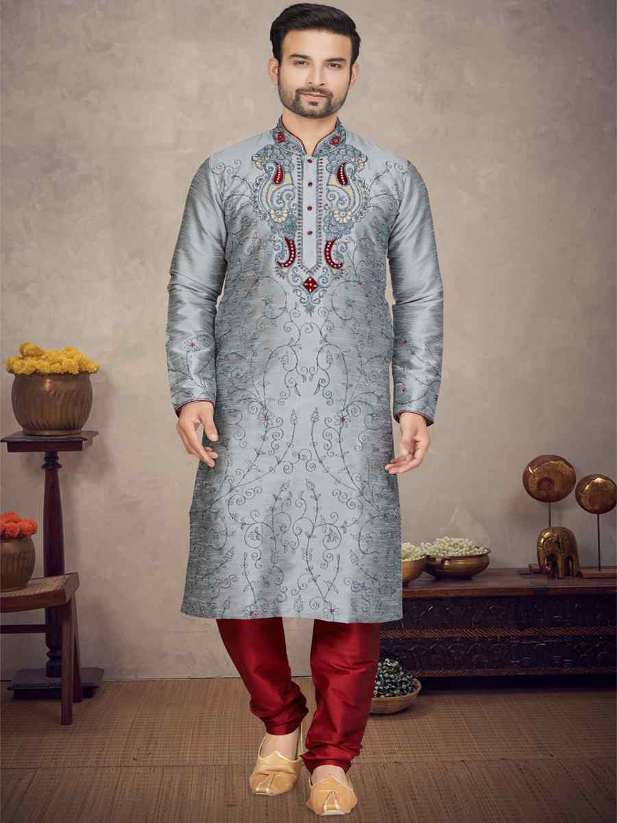 Grey Art Silk Woven Festival Mehendi Kurta