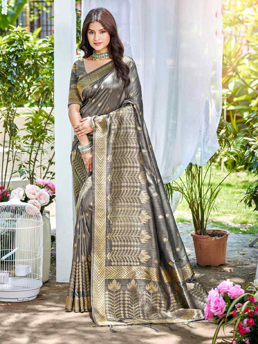 Grey Assam Silk Handwoven Traditional Bridal Reception Festival Wedding Fancy Heavy Border Saree