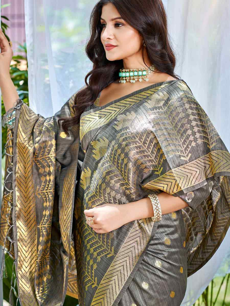 Grey Assam Silk Handwoven Traditional Bridal Reception Festival Wedding Fancy Heavy Border Saree