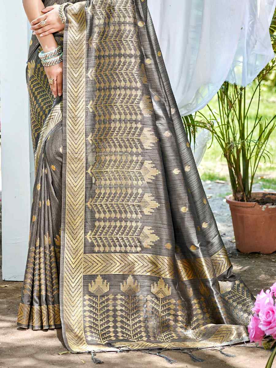 Grey Assam Silk Handwoven Traditional Bridal Reception Festival Wedding Fancy Heavy Border Saree