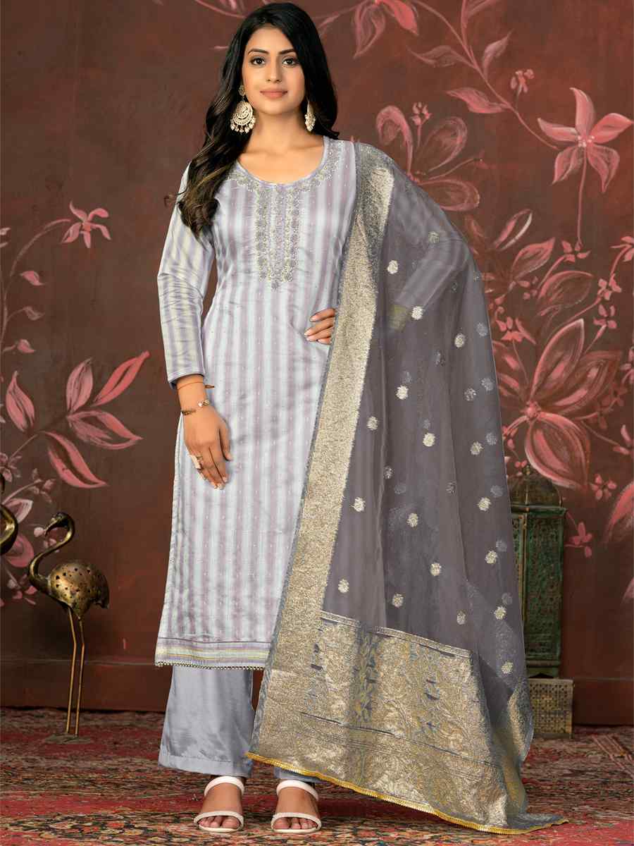 Grey Banarasi Cotton Embroidered Casual Festival Pant Salwar Kameez