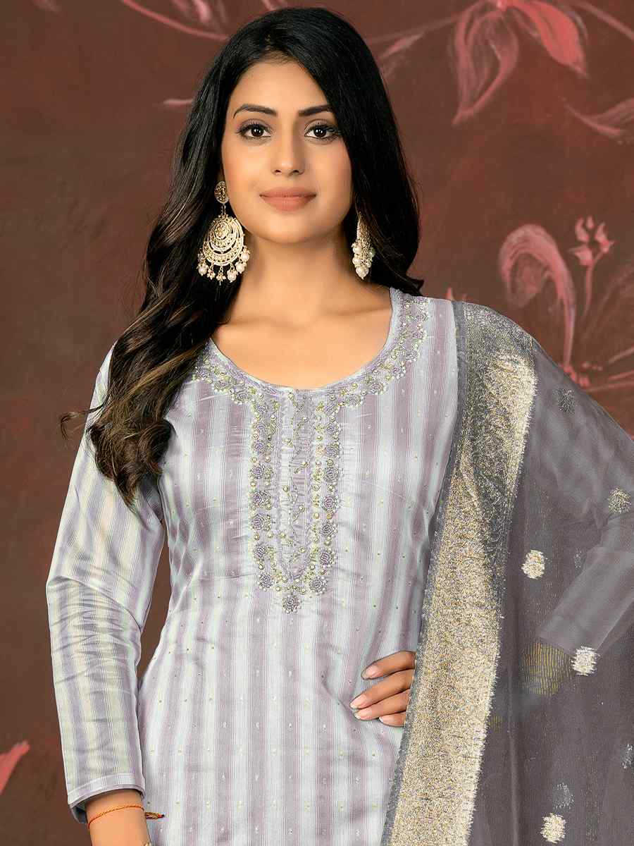 Grey Banarasi Cotton Embroidered Casual Festival Pant Salwar Kameez