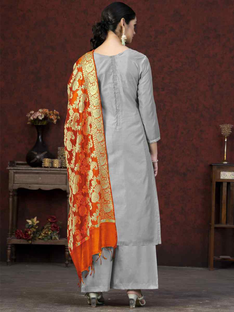 Grey Banarasi Jacquard Embroidered Casual Festival Pant Salwar Kameez