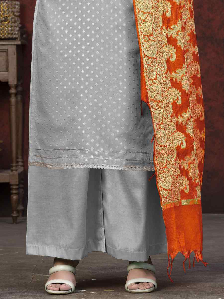 Grey Banarasi Jacquard Embroidered Casual Festival Pant Salwar Kameez