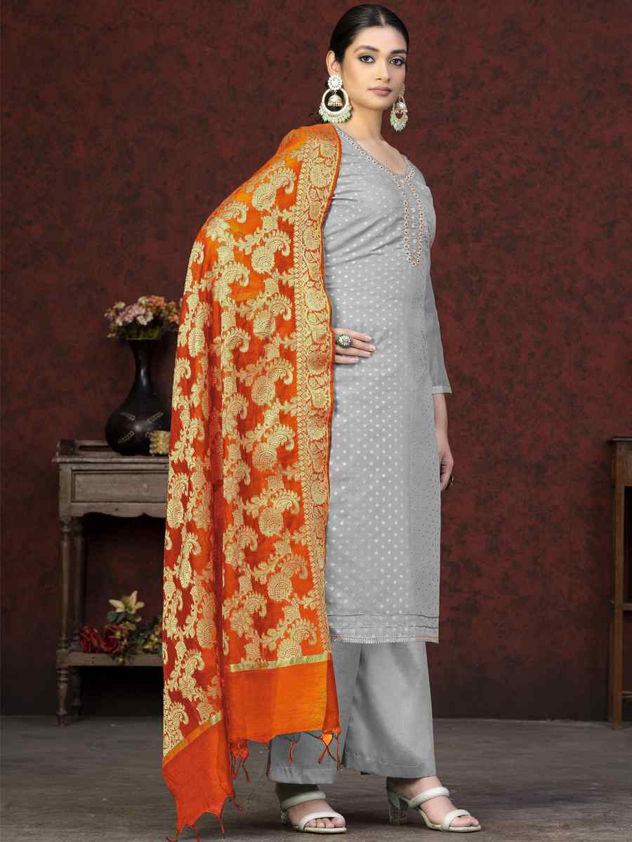 Grey Banarasi Jacquard Embroidered Casual Festival Pant Salwar Kameez