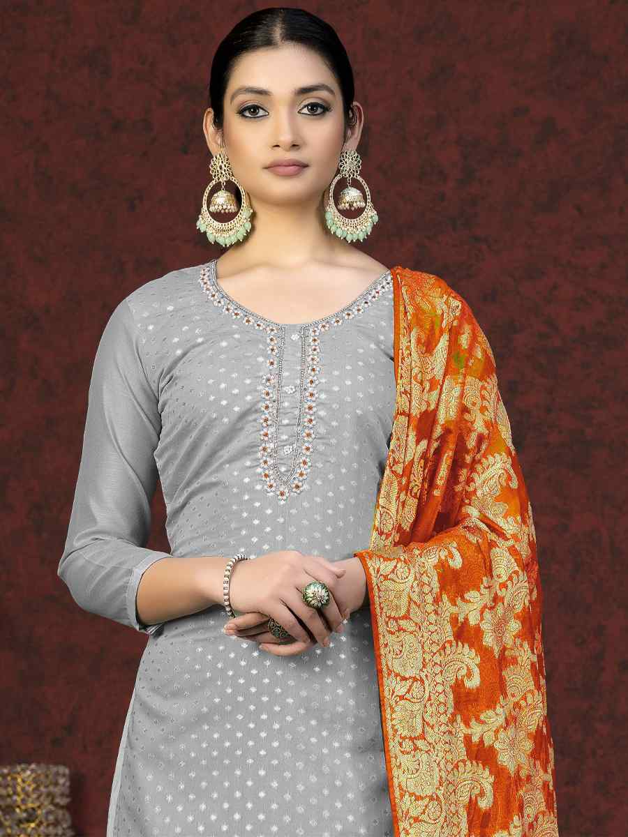 Grey Banarasi Jacquard Embroidered Casual Festival Pant Salwar Kameez