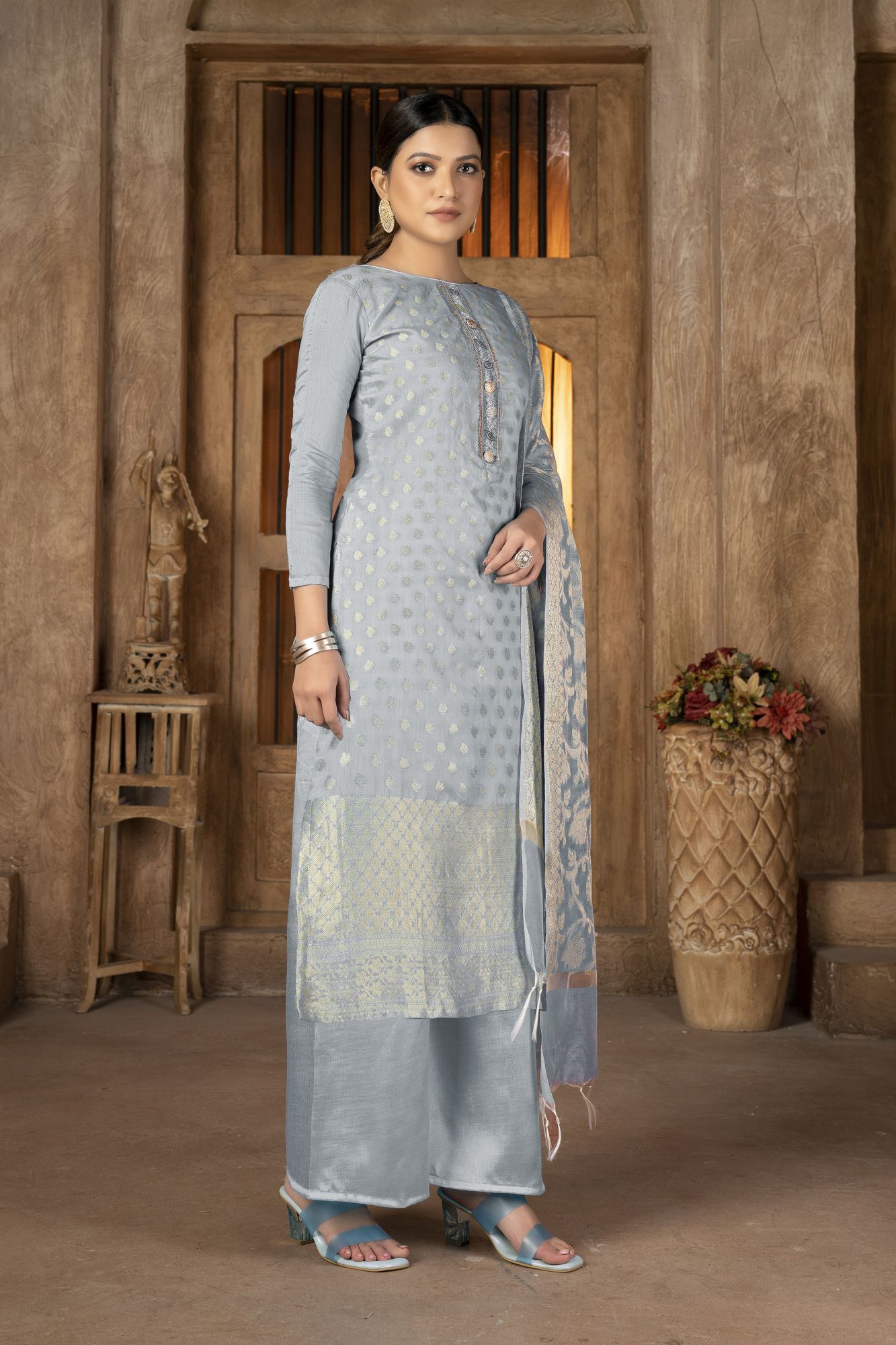Grey Banarasi Jacquard Embroidery Pant Salwar Kameez
