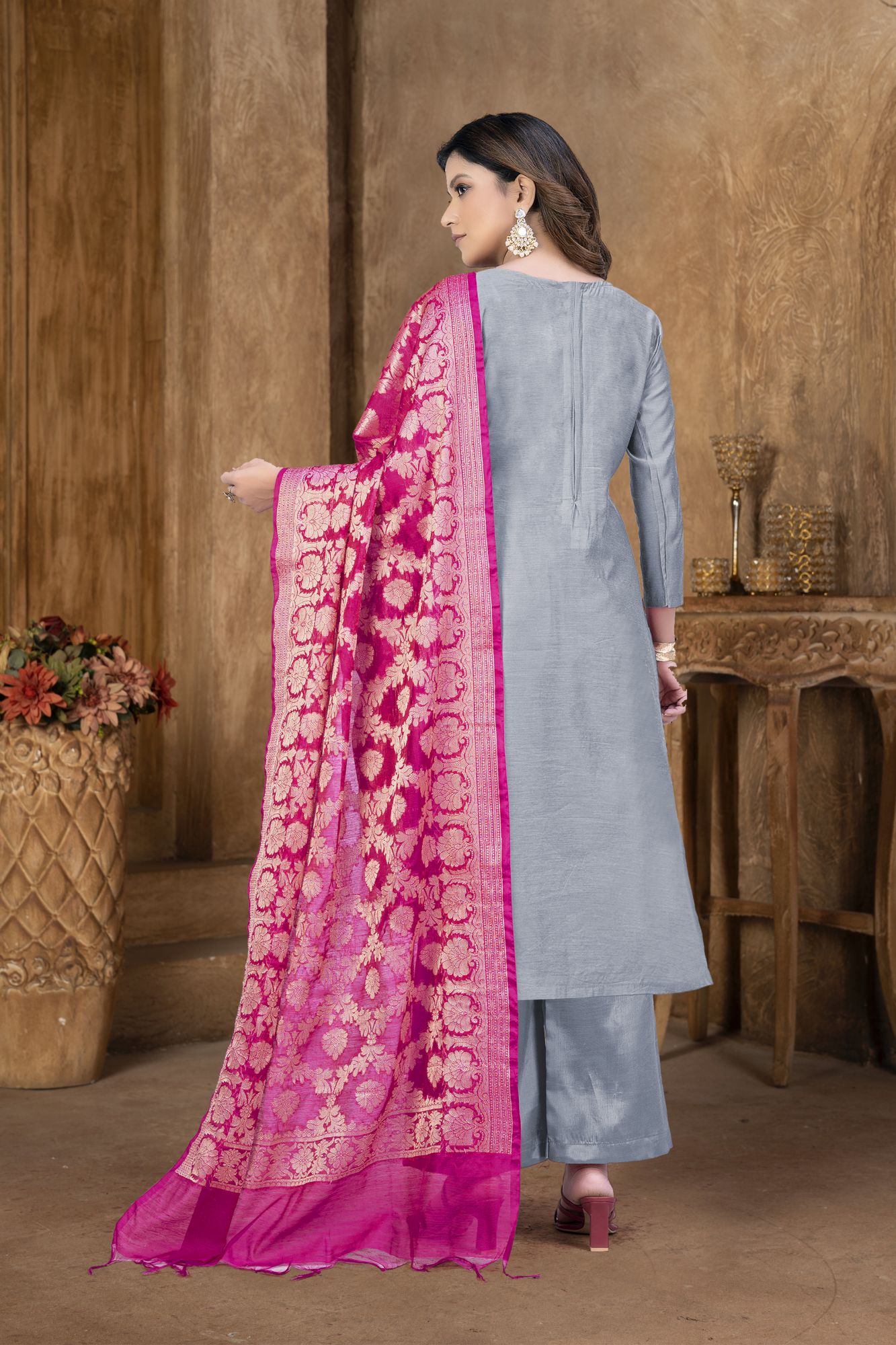 Grey Banarasi Jacquard Embroidery Pant Salwar Kameez