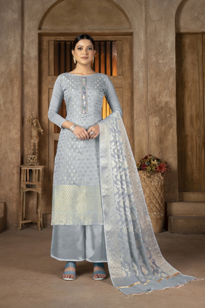 Grey Banarasi Jacquard Embroidery Pant Salwar Kameez