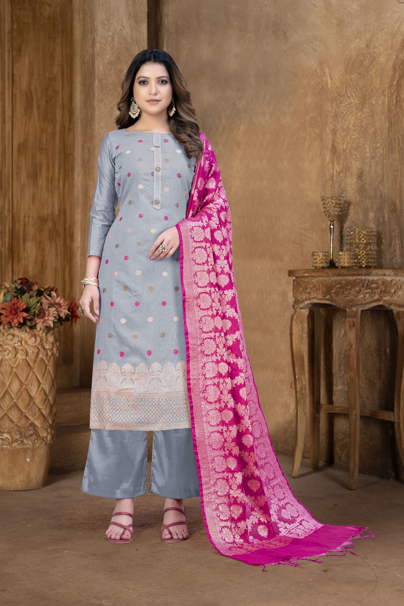 Grey Banarasi Jacquard Embroidery Pant Salwar Kameez