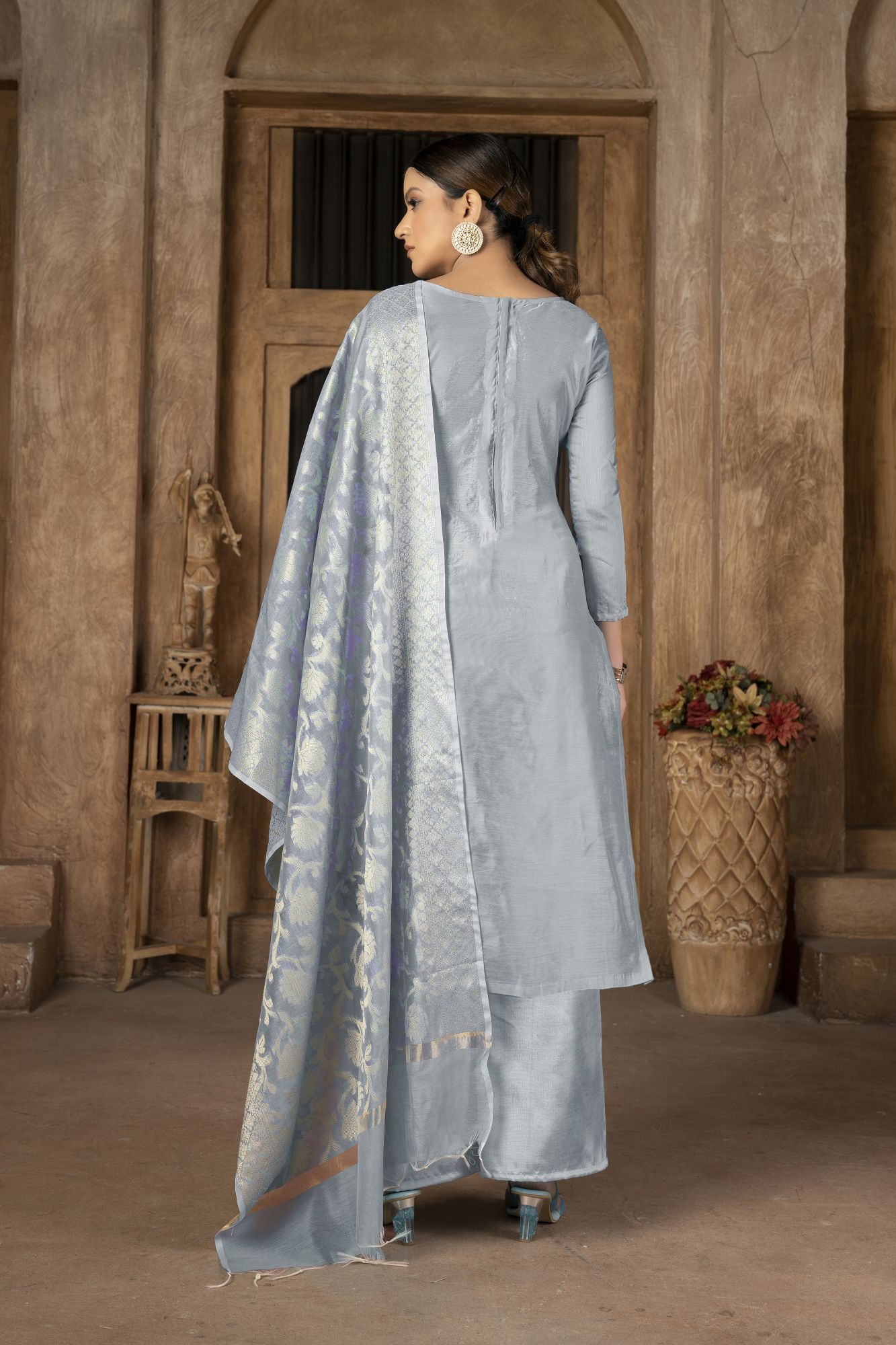 Grey Banarasi Jacquard Embroidery Pant Salwar Kameez