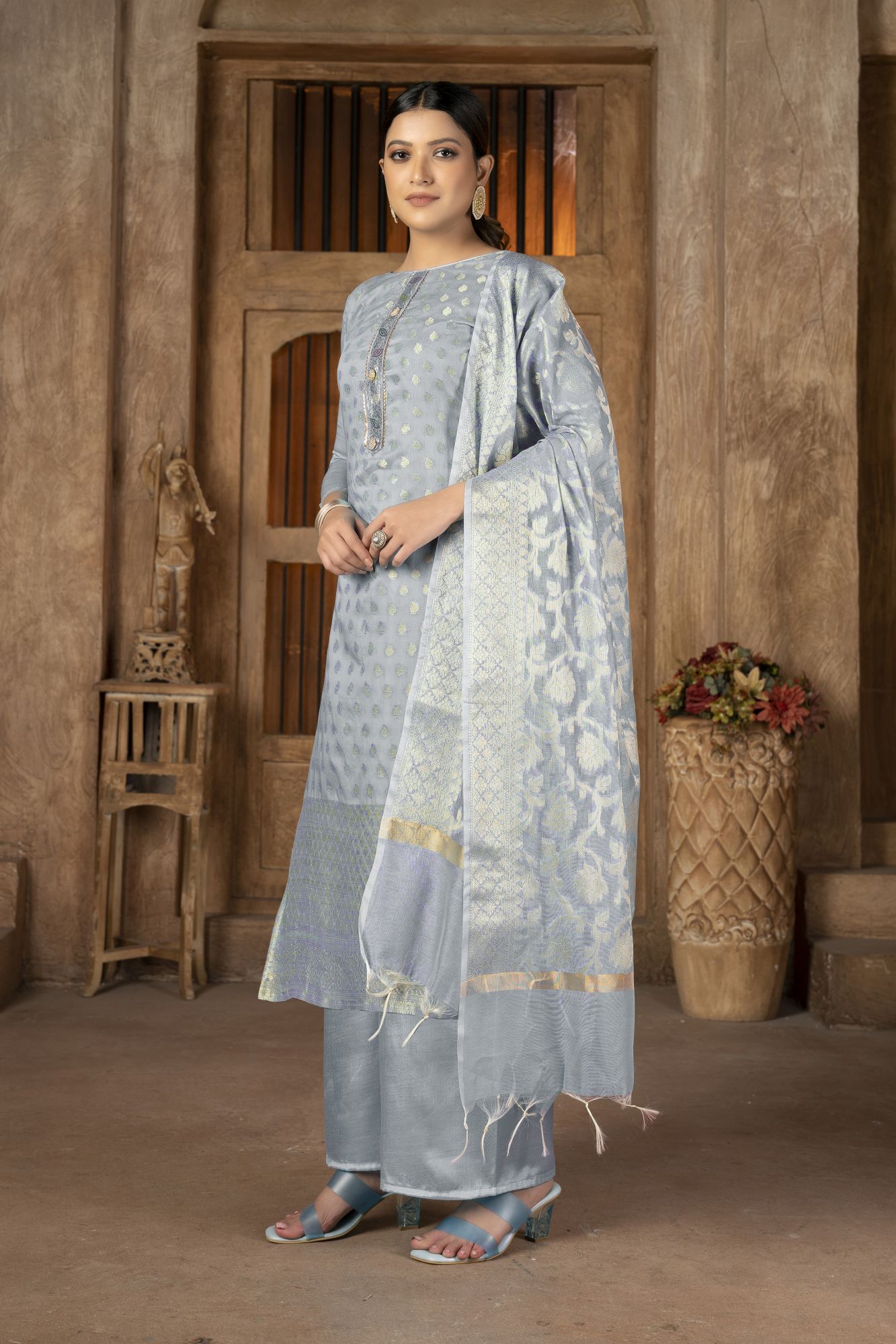 Grey Banarasi Jacquard Embroidery Pant Salwar Kameez